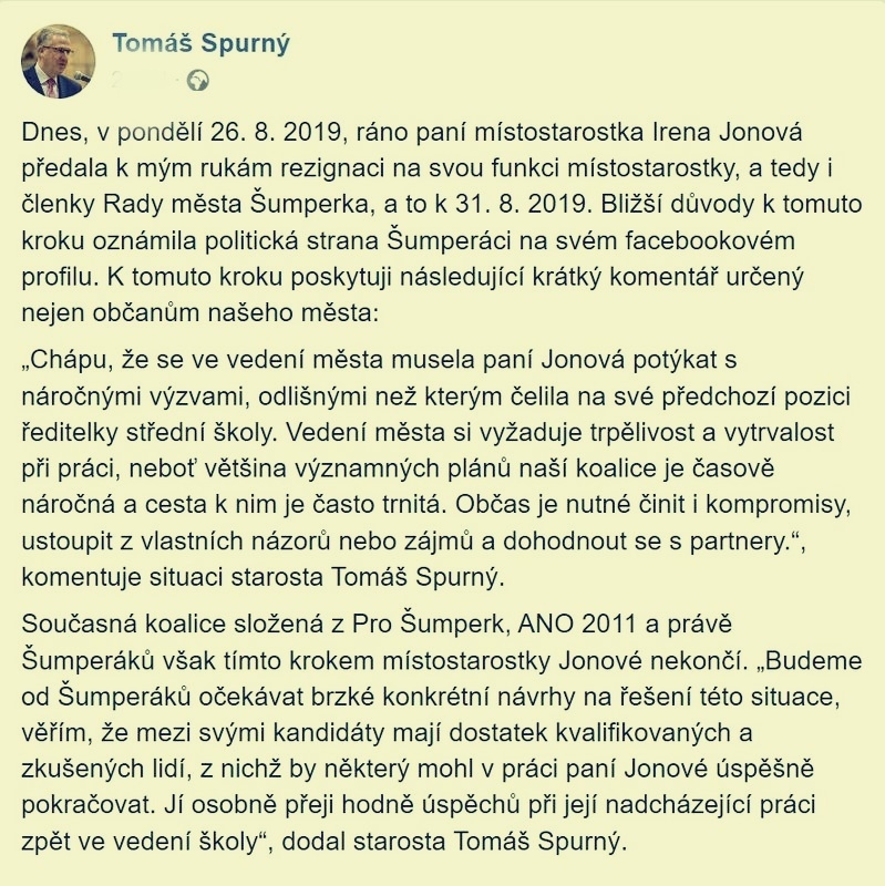 stanovicko starosty Tomáše Spurného na FB