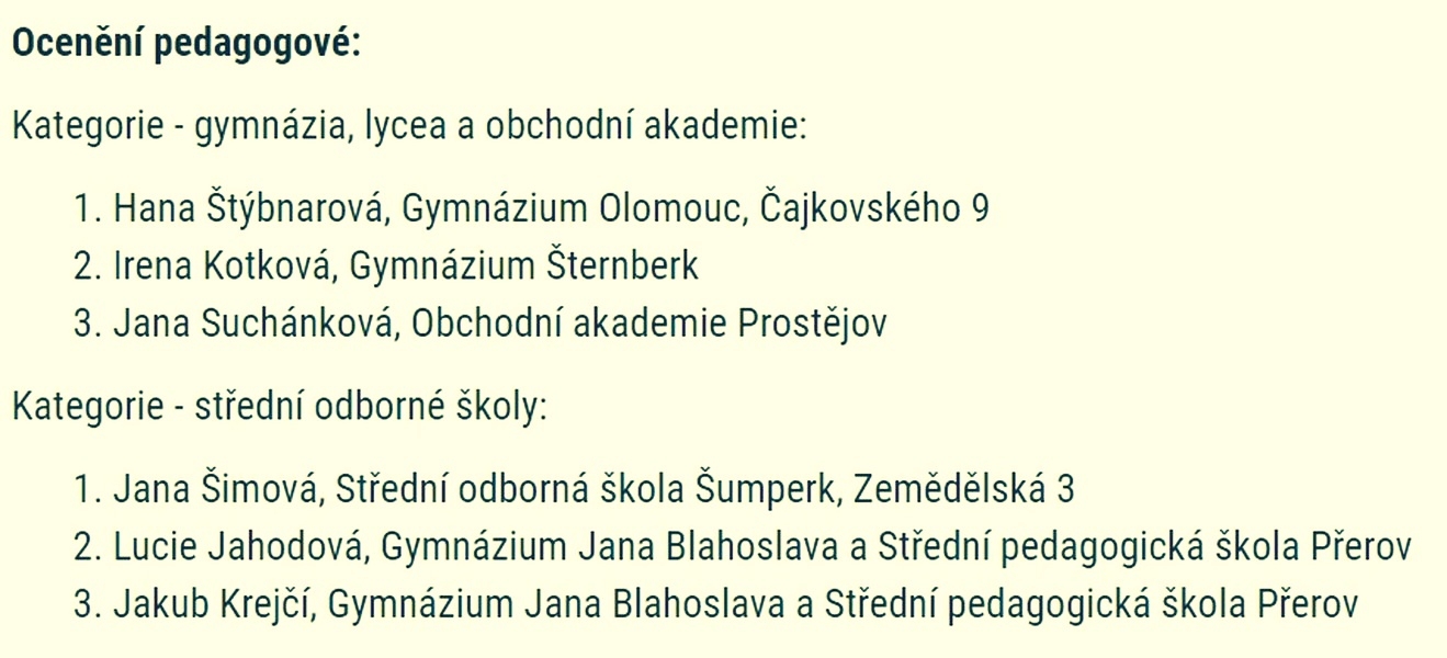 seznam oceněných učitelů zdroj: OLK